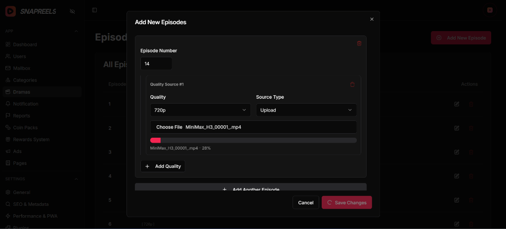 Episode Upload Interface showing Direct Link and Local Upload options