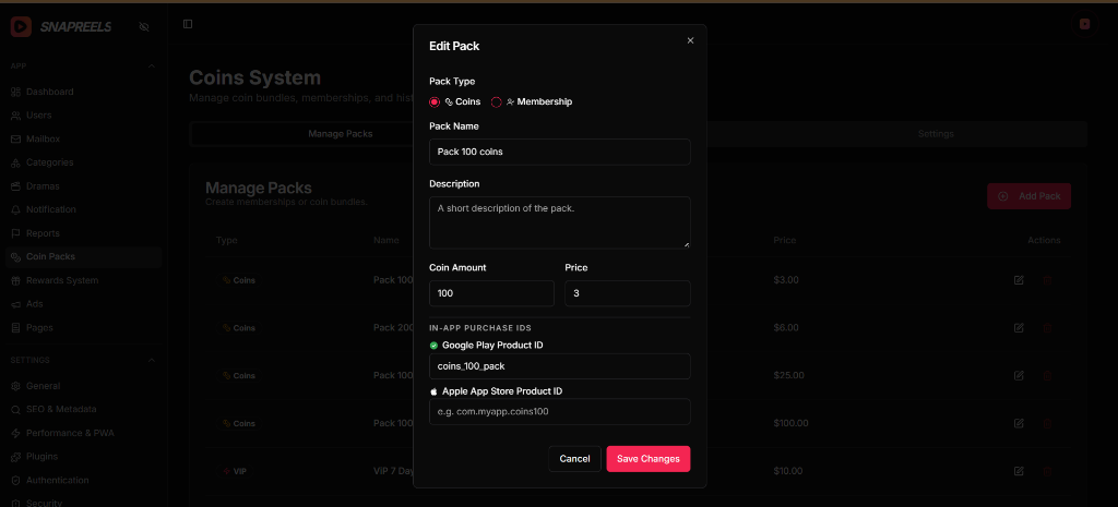 Coin Packs list showing price and Product ID fields