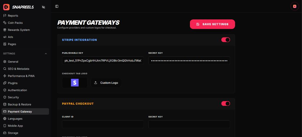 Payment Gateways Settings showing Stripe and PayPal toggles