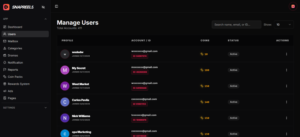Manage Users Dashboard showing accounts and coin balances